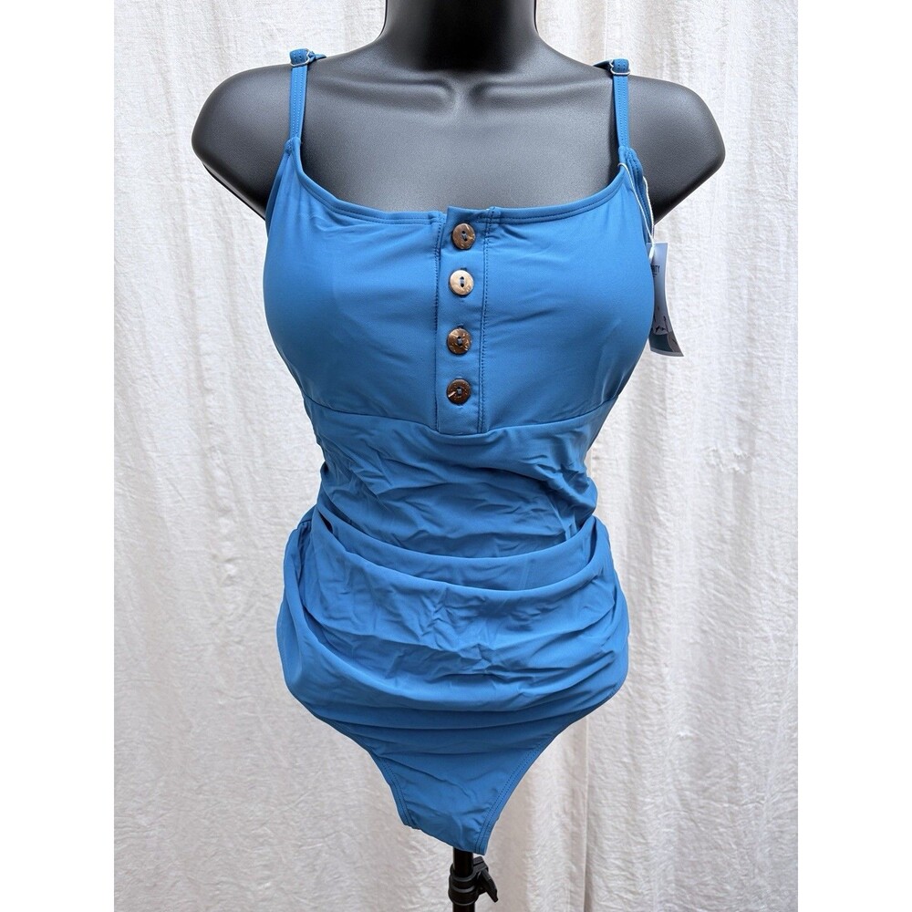 B2PRITY Blue One Piece Swimsuit Button Front Adjustable Straps Ruched Size XL